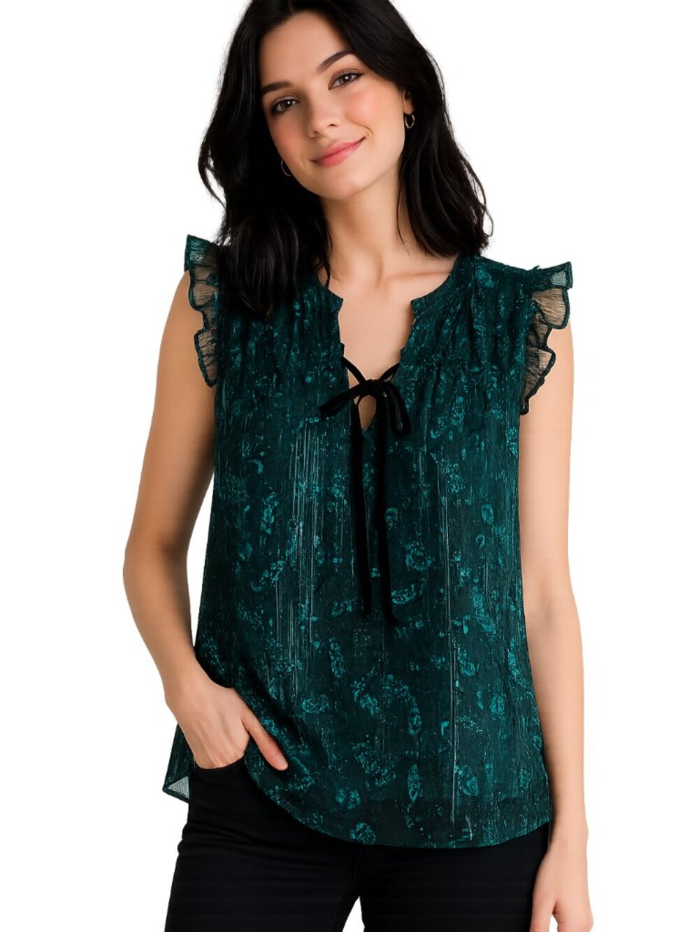 LOFT Emerald Green Metallic Paisley Ruffle Sleeveless Blouse Top  Size M